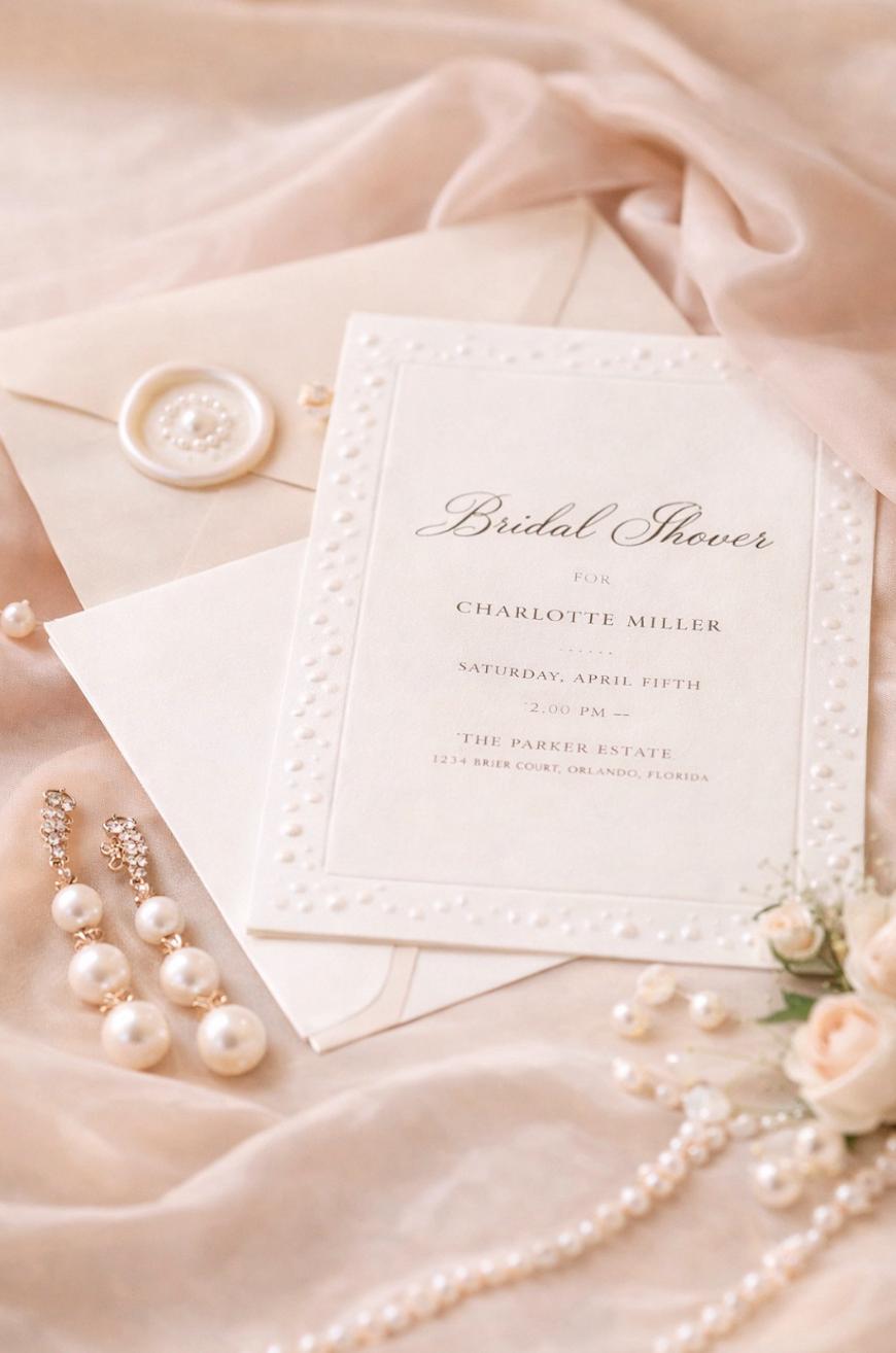 Elegant bridal shower invitation with pearl accents, an ivory invitation card, an envelope sealed with a wax stamp, pearl jewelry, and soft blush fabric, creating a romantic and sophisticated setting.