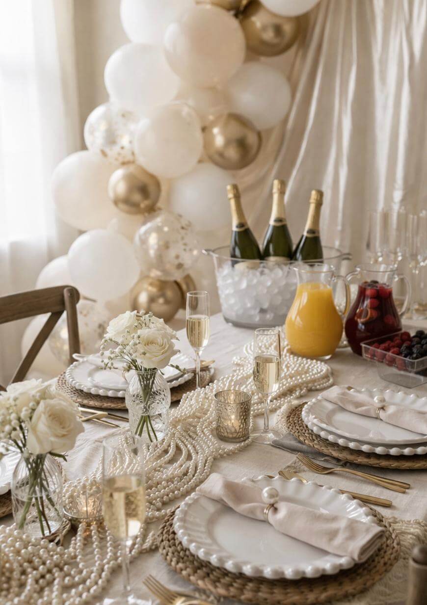 Elegant table setting with white and gold decor, pearl accents, white roses, champagne bottles in an ice bucket, juice, and berries. White and gold balloons are in the background.