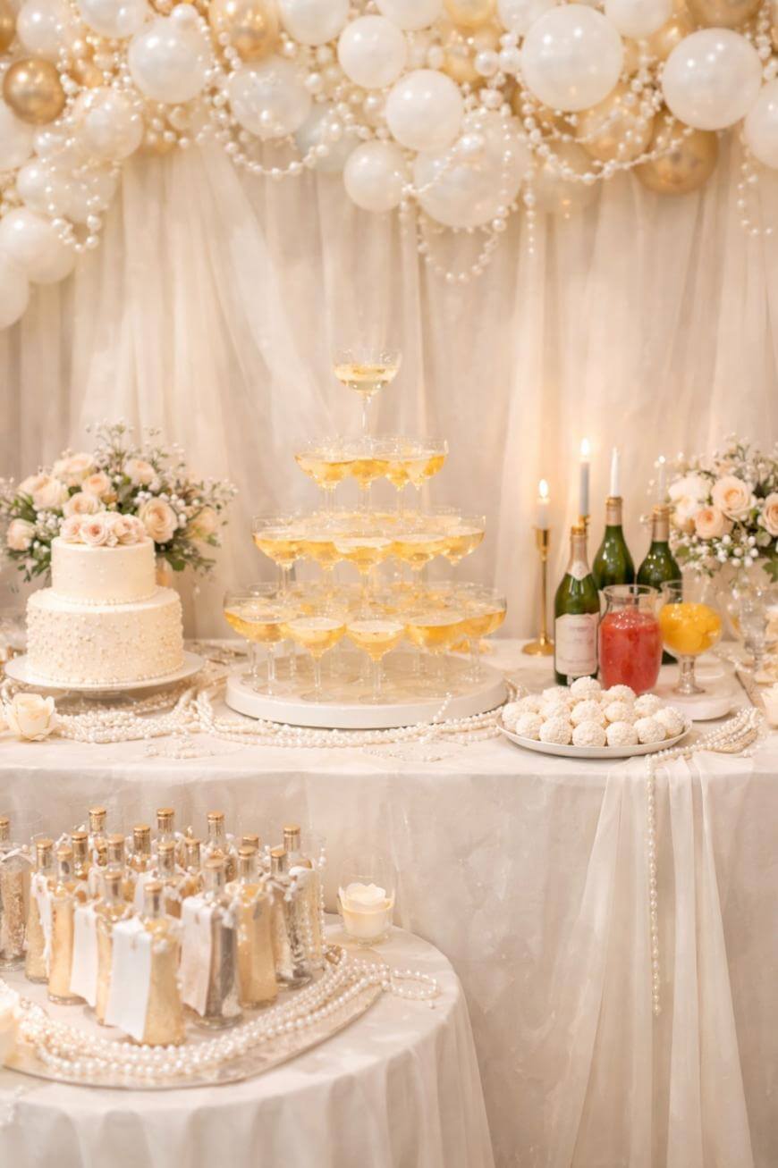 Elegant dessert table decorated with white and gold balloons, pearls, flowers, champagne tower, bottles, cocktails, a tiered white cake, candles, and party favors wrapped in foil. The scene is festive and luxurious.