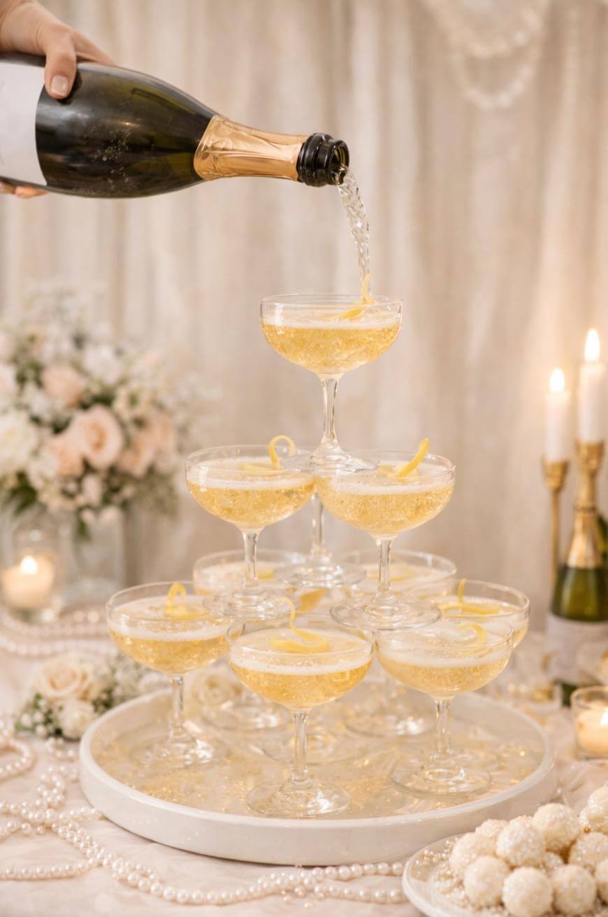 A hand pours champagne into a tower of coupe glasses, each garnished with a lemon twist. The elegant setup includes candles, white flowers, and pearls, creating a soft, festive atmosphere.
