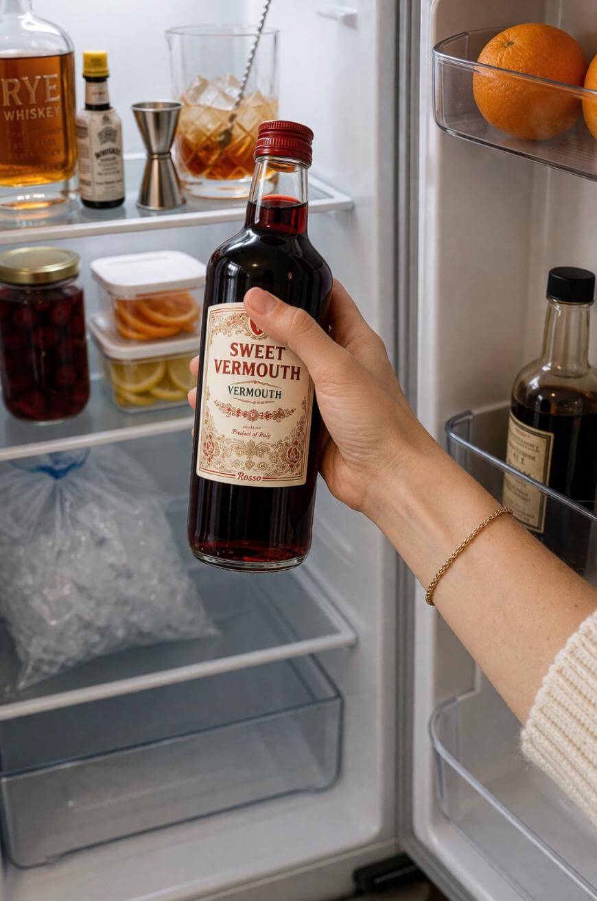 A hand is holding a bottle of sweet vermouth in front of an open refrigerator, which contains oranges, bottles, ice, and containers of sliced fruit.