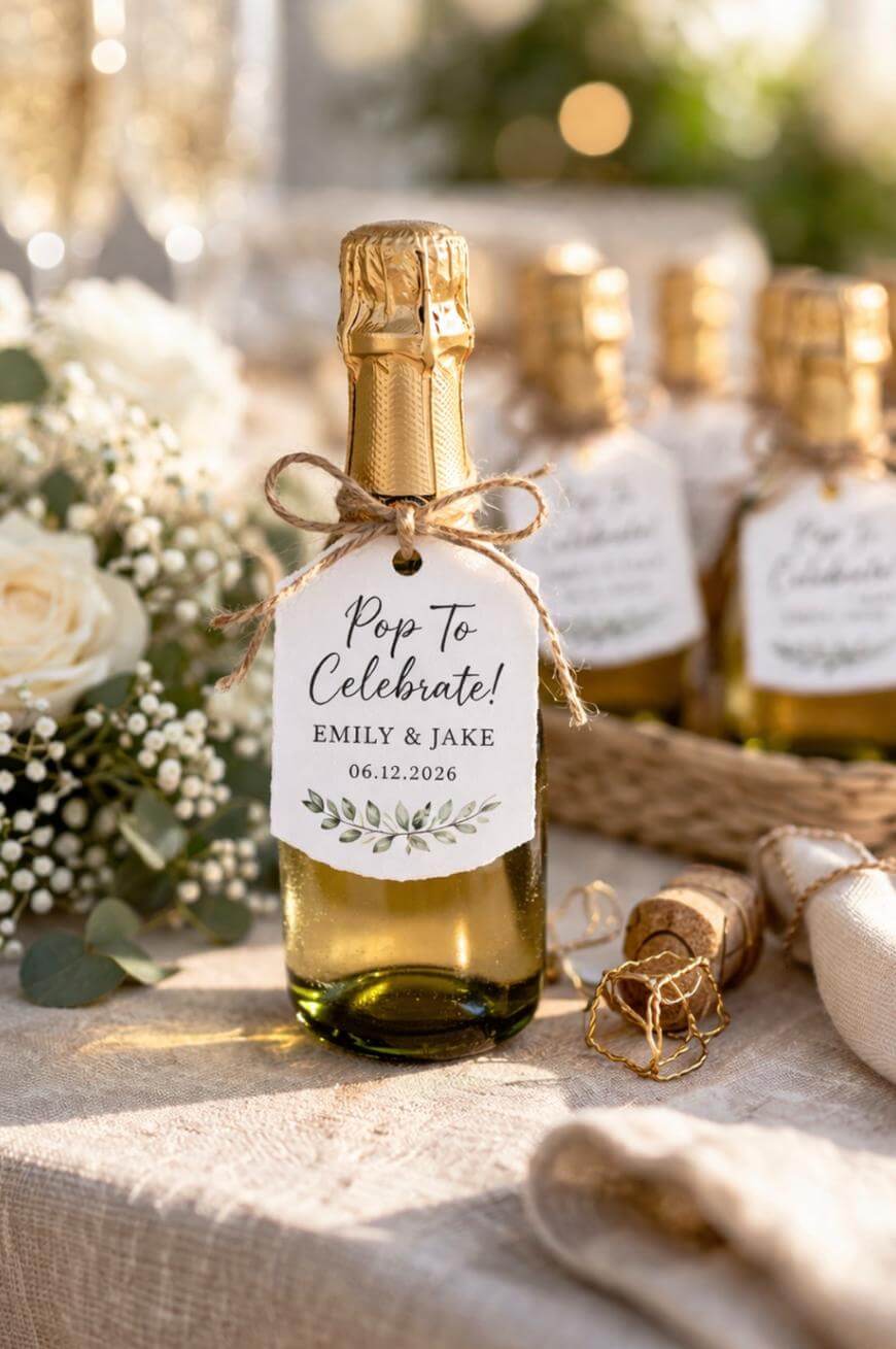 A small champagne bottle with a tag reading Pop To Celebrate! Emily & Jake 06.12.2026 is on a table decorated with flowers and gold accents, with other similar bottles in the background.