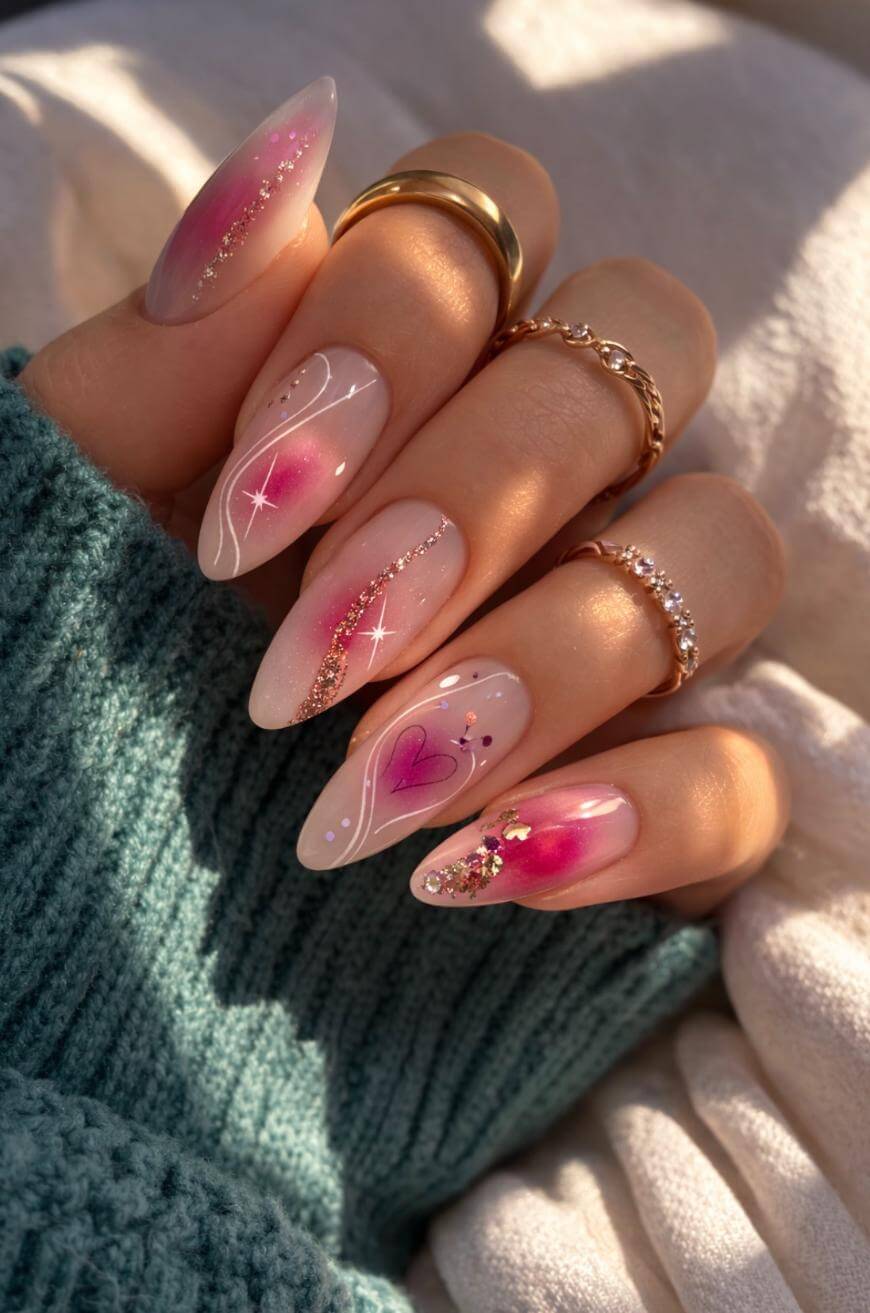 A hand with long, almond-shaped nails featuring pink ombre, glitter accents, white swirls, star designs, and a purple heart. The person wears gold rings and a blue-green knit sleeve is visible.