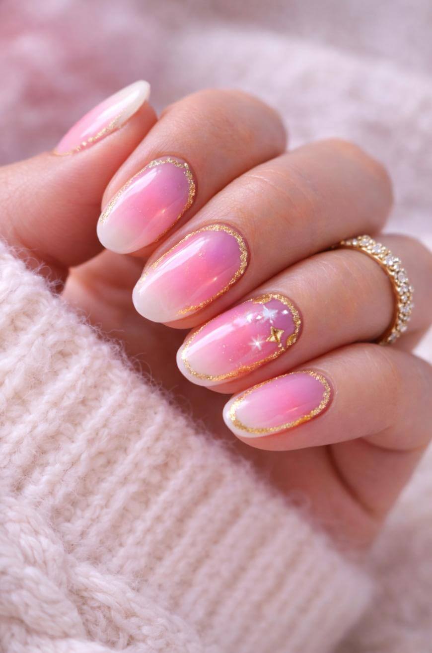 A hand with long, almond-shaped nails features a pink and white ombre manicure, gold glitter outlines, and small star designs. The person is wearing a gold ring and a light pink knitted sweater.
