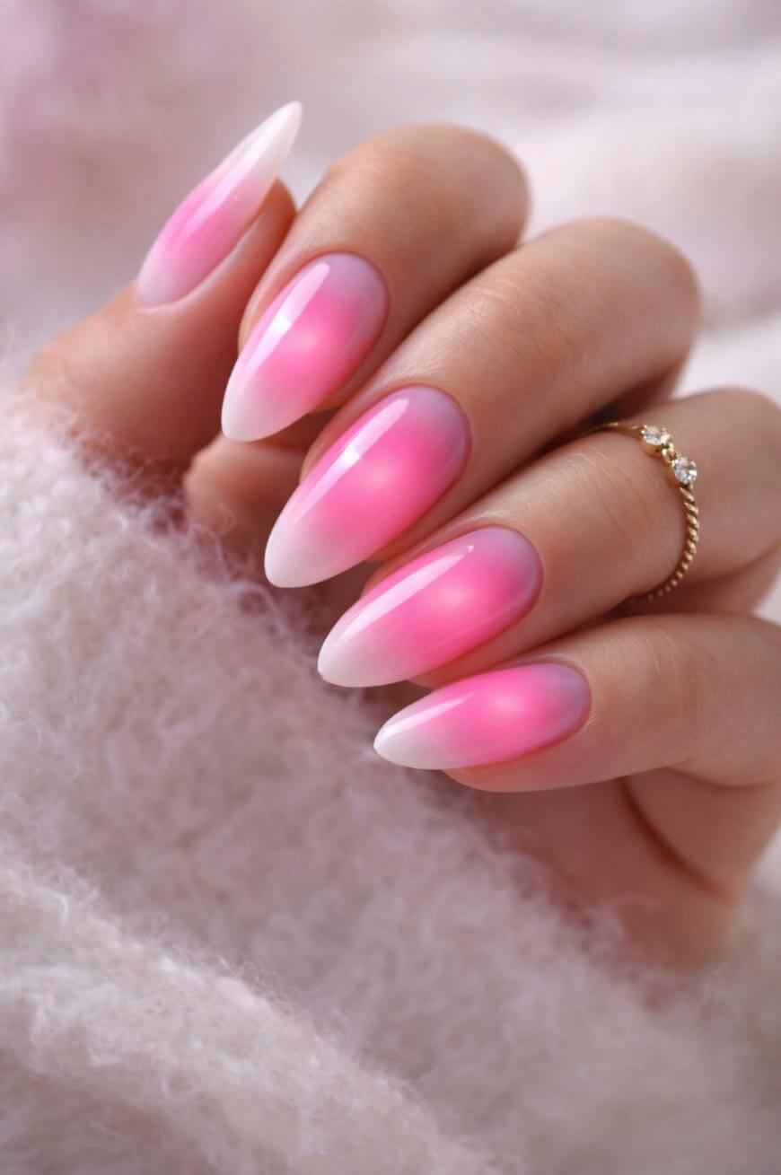 A hand with long, almond-shaped nails featuring a pink to white ombre design. The person is wearing a delicate gold ring with small diamonds and a soft, fuzzy light-colored fabric is visible in the background.