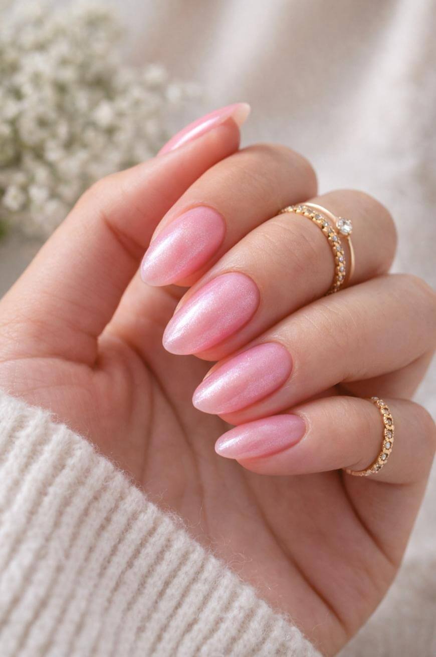 A hand with long, almond-shaped nails painted in a shimmery pale pink polish. The person is wearing a cream sweater and gold rings with small stones on the index and ring fingers. A blurred floral background is visible.
