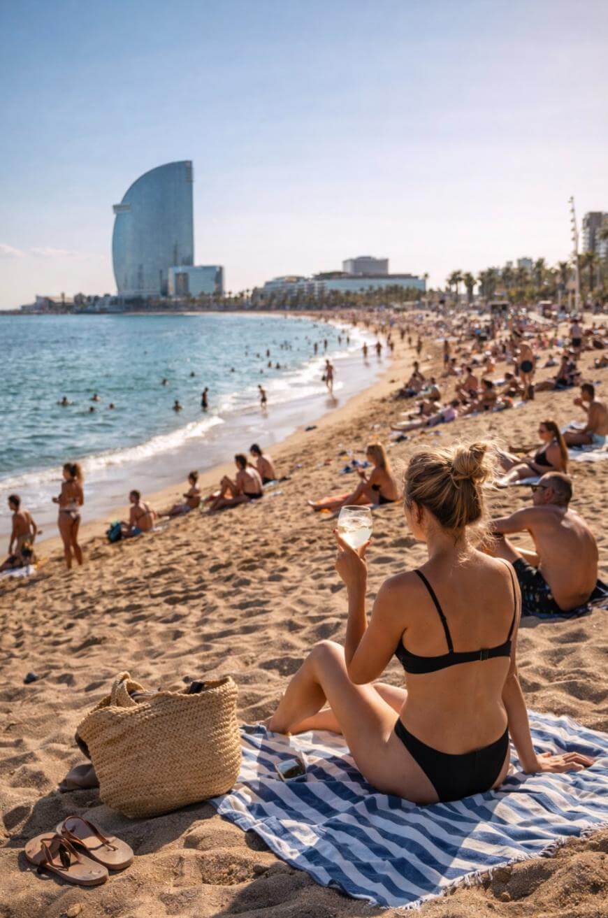 A woman in a black bikini sits on a striped towel at a crowded beach, holding a drink. The shore is filled with people sunbathing and swimming. A modern, sail-shaped building stands in the background near the water.