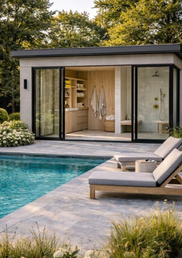 Modern pool house with glass sliding doors next to a swimming pool, featuring lounge chairs on a stone patio and surrounded by greenery and blooming shrubs; towels and shelves are visible inside the pool house.