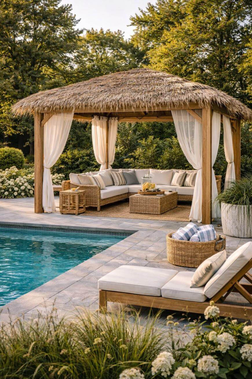 A tropical-style poolside cabana with a thatched roof, white curtains, cushioned wicker furniture, and a lounge chair, surrounded by lush greenery and flowers near a clear blue swimming pool.
