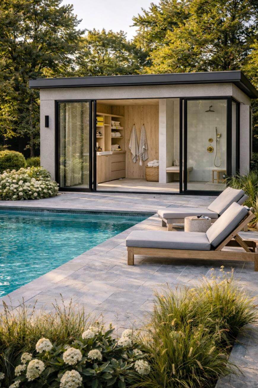 A modern pool house with large glass doors sits beside a swimming pool, surrounded by lush greenery and blooming white flowers. Two cushioned lounge chairs face the pool on a stone patio.