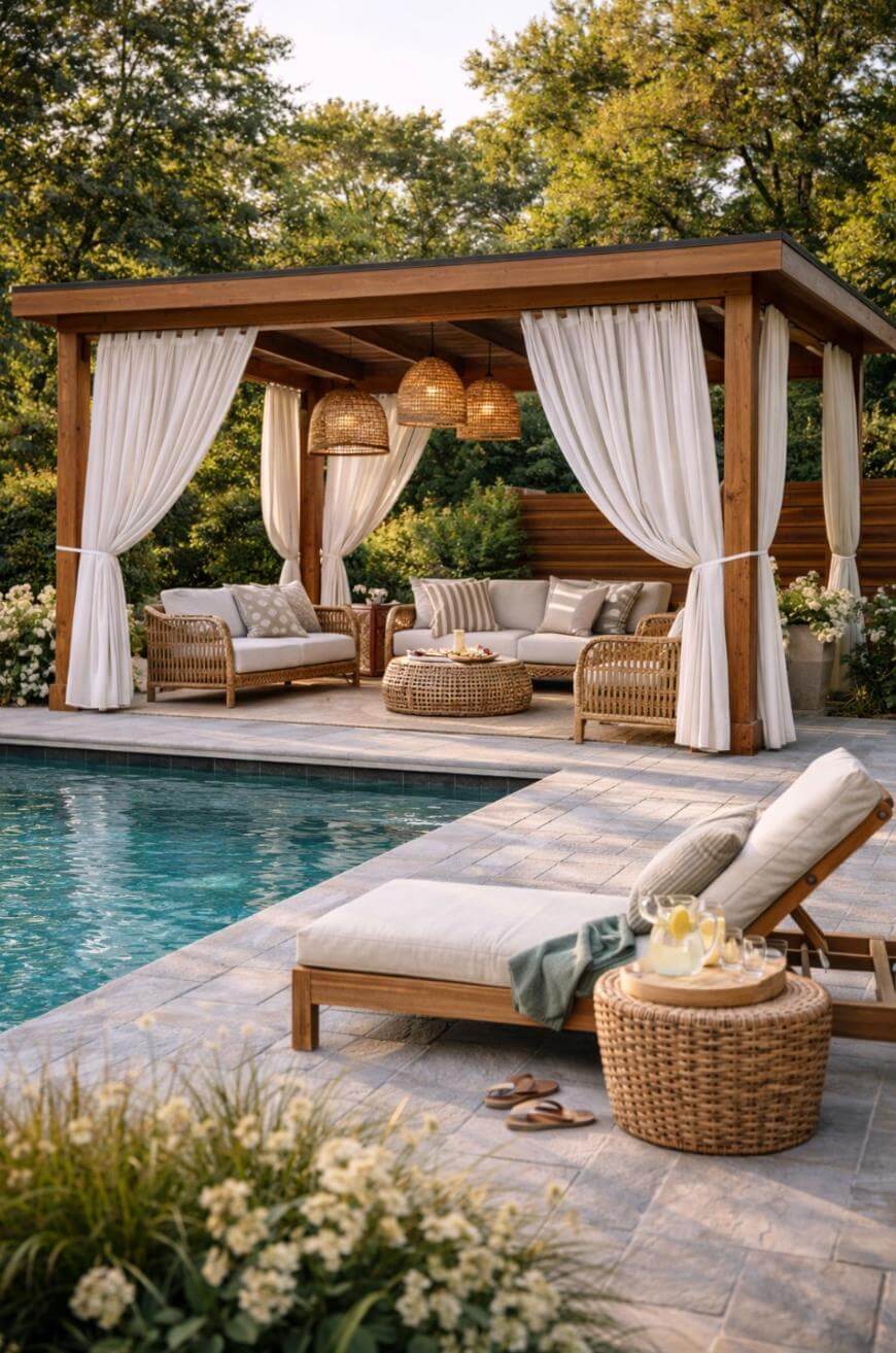 A stylish poolside cabana with white curtains, wicker furniture, and hanging lights sits beside a pool. A cushioned lounge chair with a tray of drinks and sunglasses is in the foreground, surrounded by lush greenery.