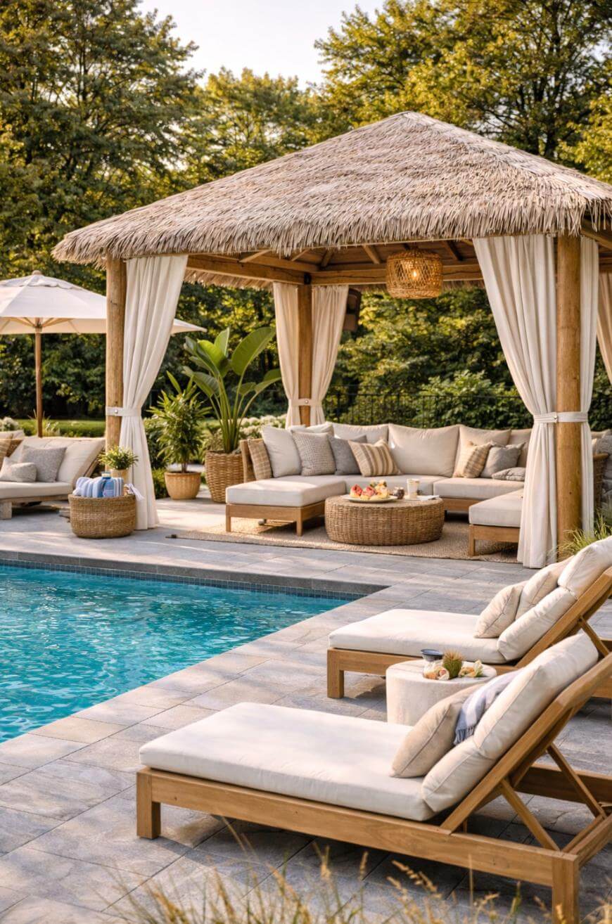 A luxurious poolside lounge features cushioned wooden chairs, a cabana with a thatched roof, white curtains, and woven furniture, surrounded by lush greenery and tropical plants.