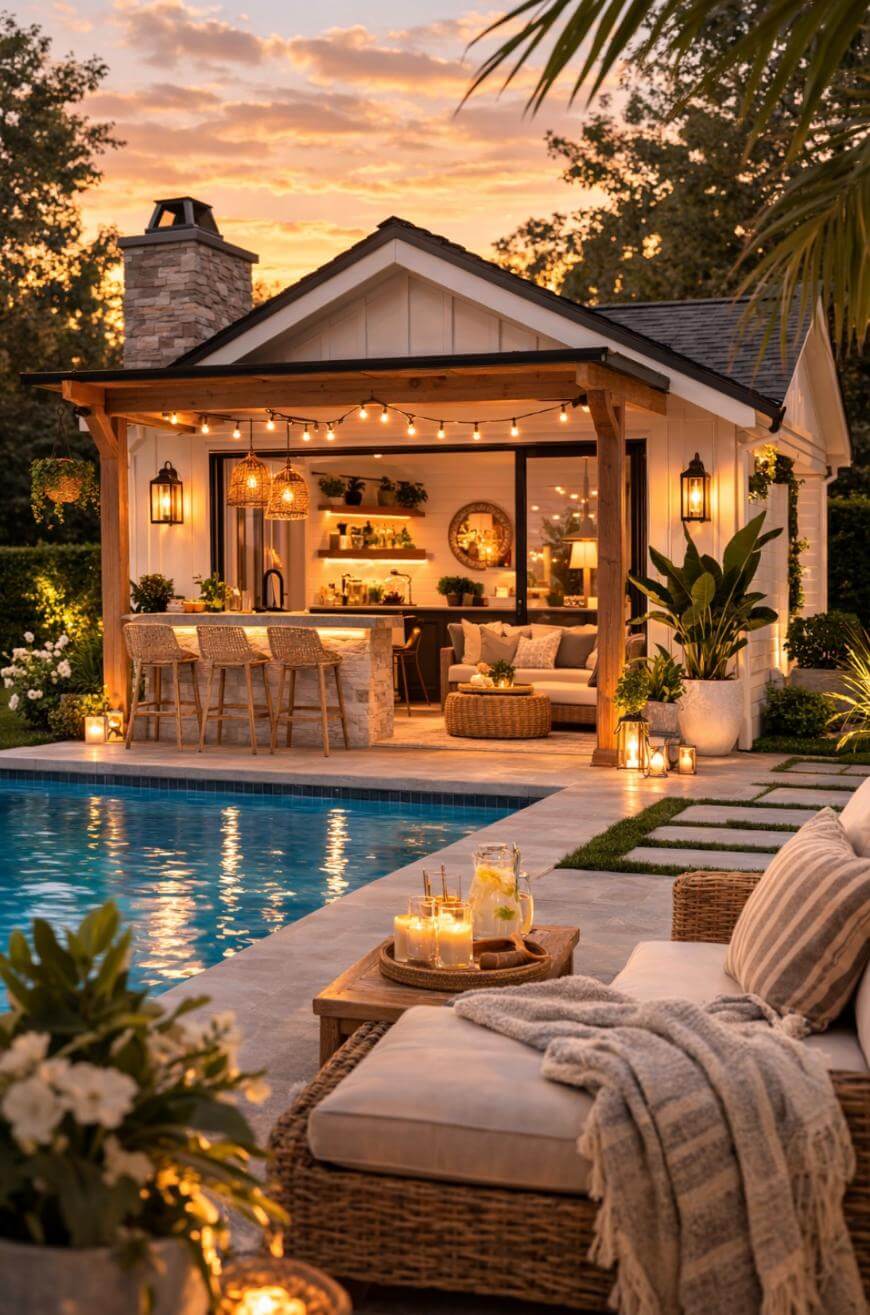 A cozy backyard patio at sunset features a pool, cushioned lounge chairs with blankets, a bar area under a wooden pergola with string lights, lush plants, and glowing lanterns creating a warm, inviting atmosphere.