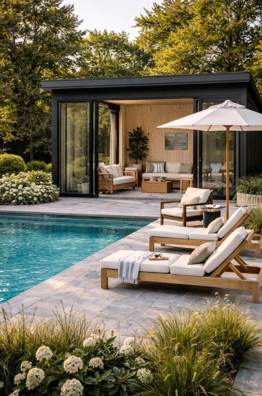 Modern poolside patio with cushioned wooden lounge chairs and umbrellas beside a turquoise pool, landscaped with flowering plants; a stylish open pool house with cozy seating is visible in the background.