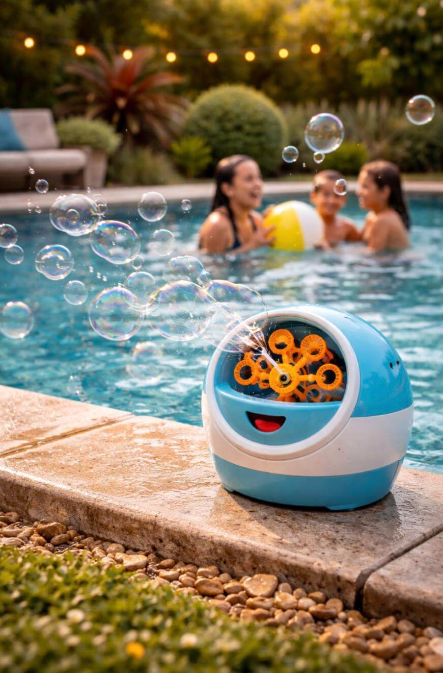 A blue and white bubble machine sits on the edge of a pool blowing bubbles, while three people in the background play in the water with a yellow beach ball. The scene is outdoors on a sunny day.