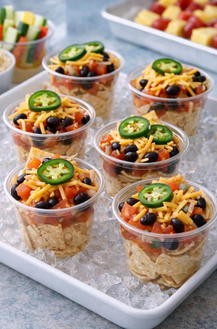 Six clear plastic cups filled with rice, diced tomatoes, black beans, shredded cheddar cheese, and sliced jalapeños, arranged on ice, with fruit skewers visible in the background.