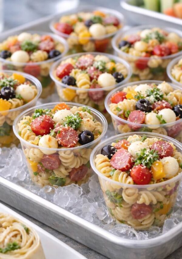 Individual clear plastic cups filled with pasta salad, cherry tomatoes, black olives, mozzarella balls, diced yellow peppers, and parsley, arranged on a bed of ice.