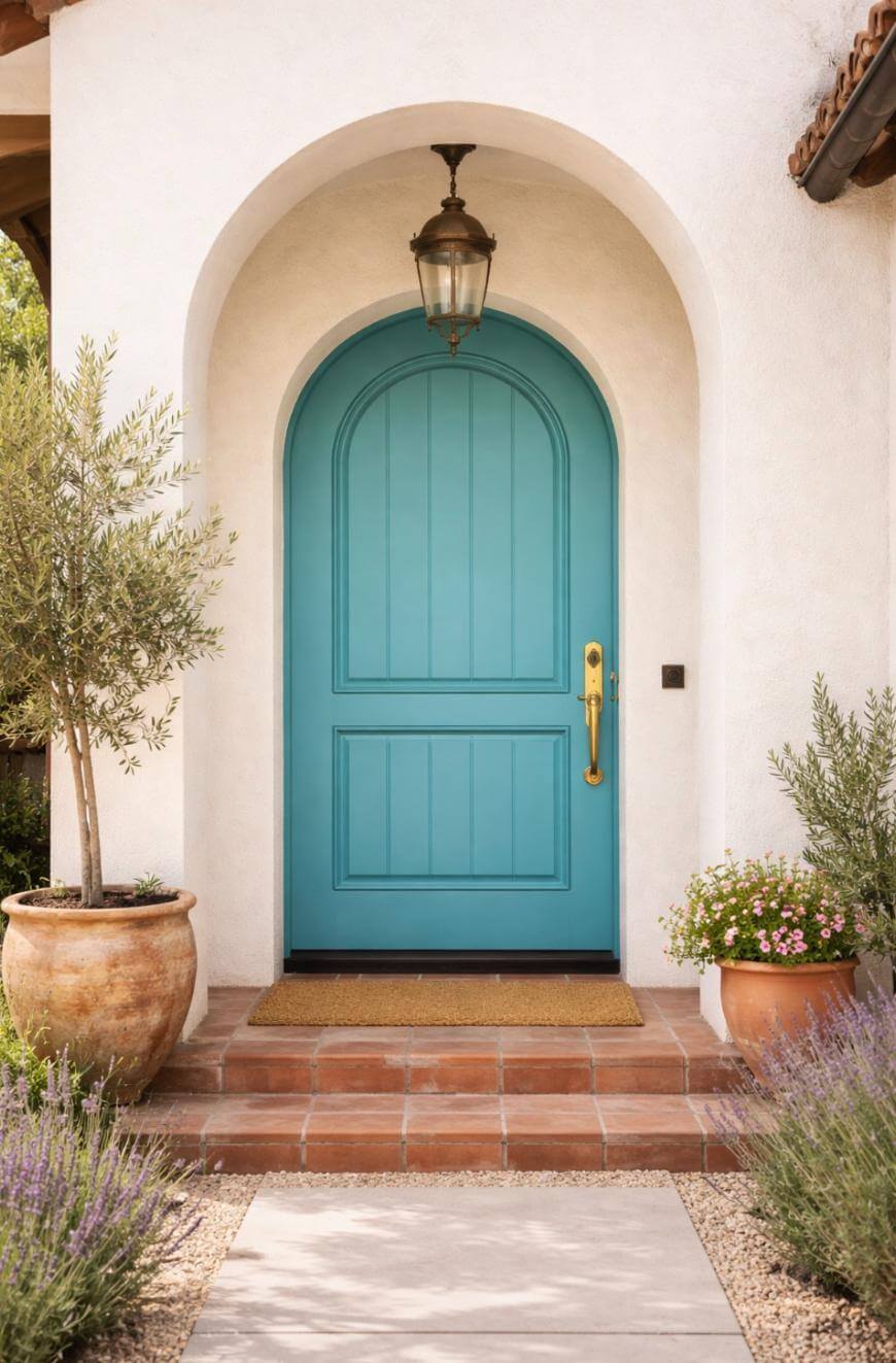 A turquoise arched front door with a brass handle, set in a white stucco wall, framed by potted plants, terracotta tiles, and a hanging lantern above the entrance.