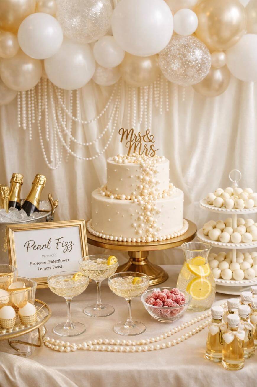 Elegant wedding dessert table with a white and gold theme, featuring a “Mrs & Mrs” cake, champagne bottles, glasses, candies, lemon drinks, and pearl decorations, set beneath white and gold balloons with pearls.