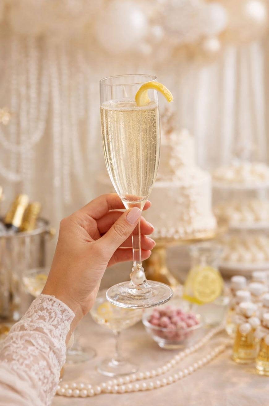 A hand holding a champagne flute with a lemon twist, with a decorated table in the background featuring a cake, pearls, candy, lemons, and bottles in an elegant, festive setting.
