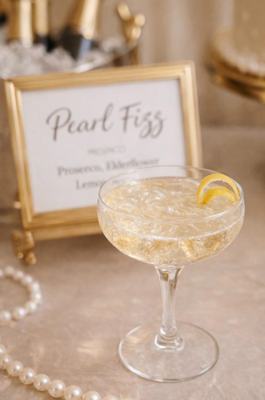 A coupe glass filled with a sparkling drink garnished with a lemon twist sits on a table. Behind it, a framed sign reads Pearl Fizz and lists prosecco, elderflower, and lemon. A pearl necklace is nearby.