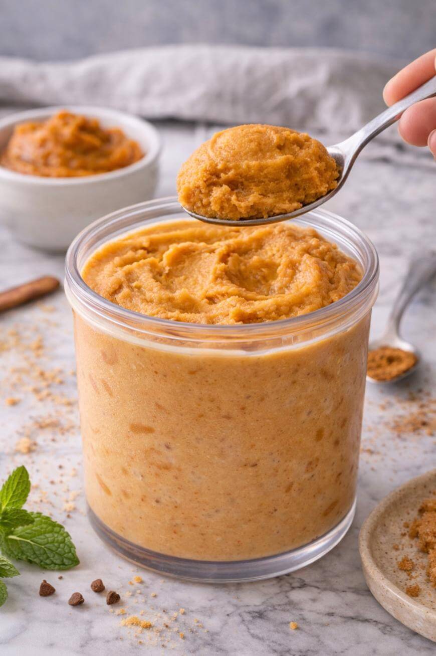 A glass jar filled with creamy brown pumpkin butter sits on a marble surface. A hand holds a spoonful above the jar. In the background, there are small bowls with more pumpkin butter and a sprig of mint.