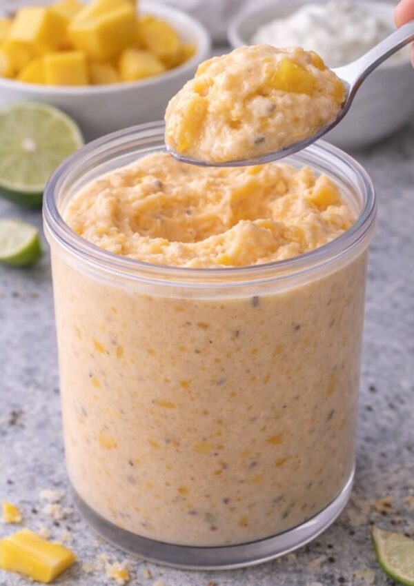 A spoonful of creamy mango chia overnight oats is held over a glass jar filled with the oats. In the background, a bowl of mango chunks, a halved lime, and another bowl are visible on a gray surface.