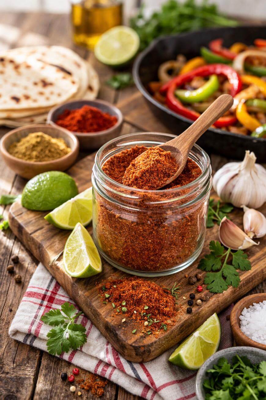 A jar of taco seasoning with a wooden spoon sits on a cutting board, surrounded by lime wedges, garlic, spices, fresh cilantro, tortillas, and a skillet of colorful sautéed peppers.