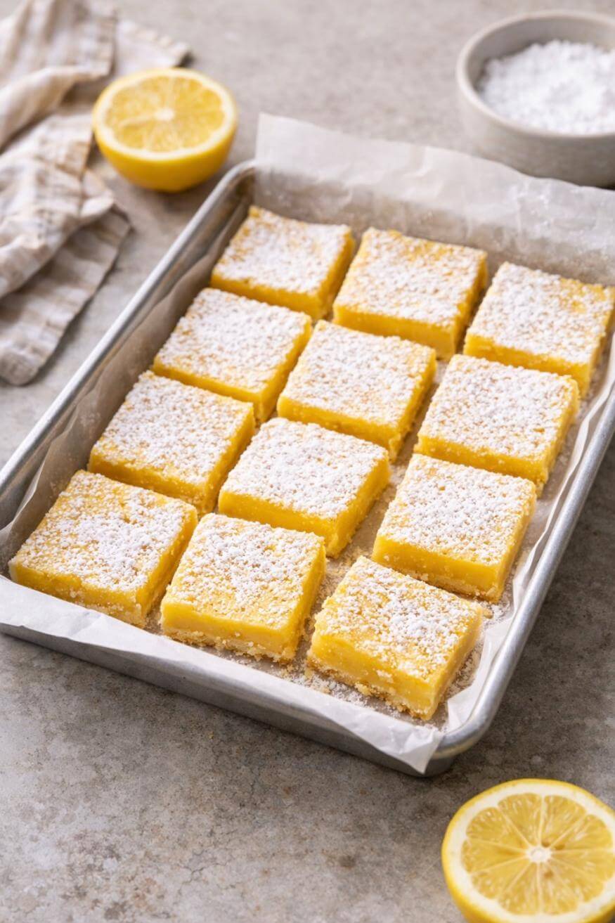 A baking tray holds twelve lemon bars dusted with powdered sugar, with lemon halves and a bowl of powdered sugar nearby on a light countertop.