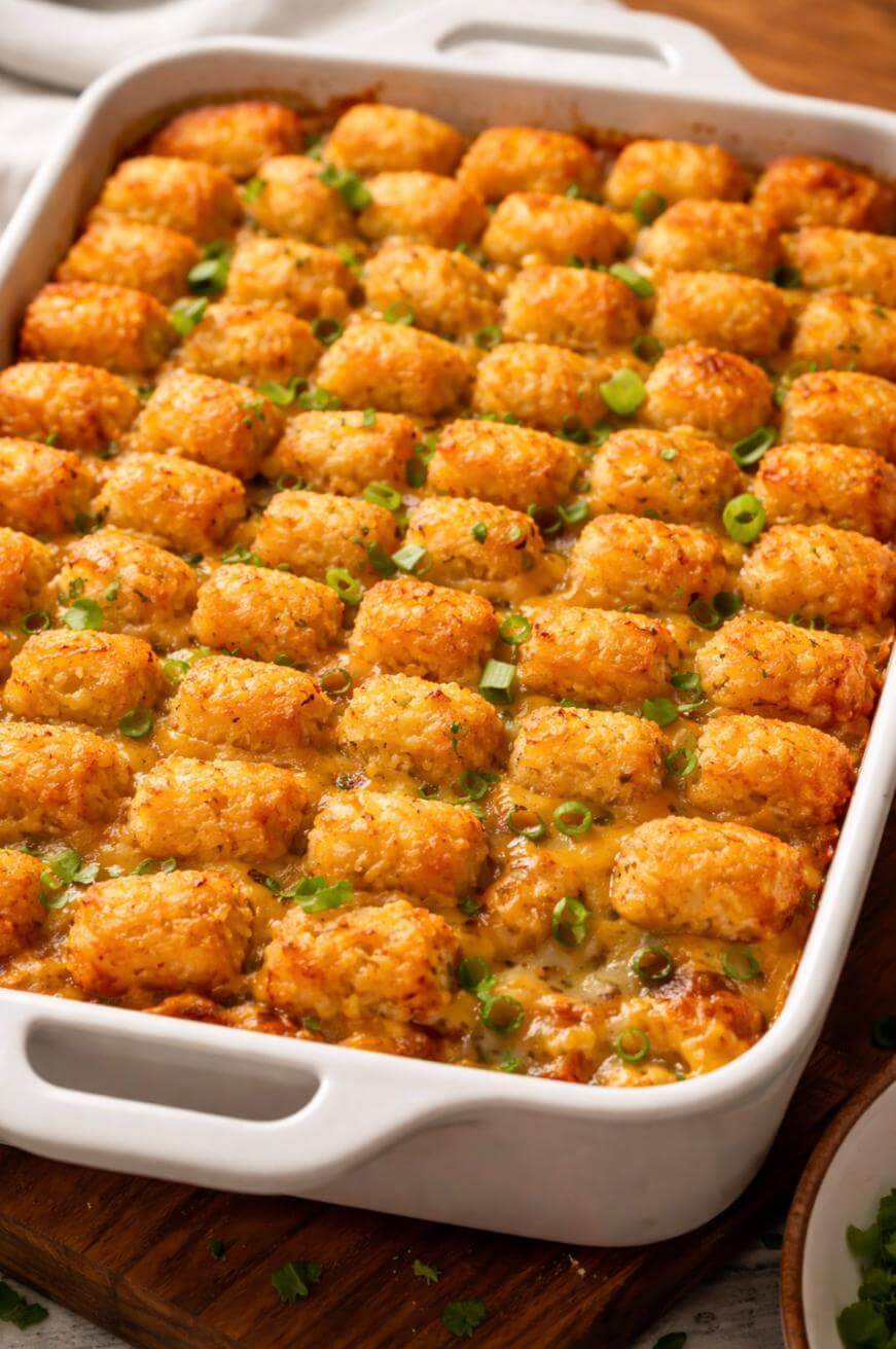 A baked casserole topped with golden brown tater tots arranged neatly in rows, garnished with chopped green onions in a white rectangular dish.