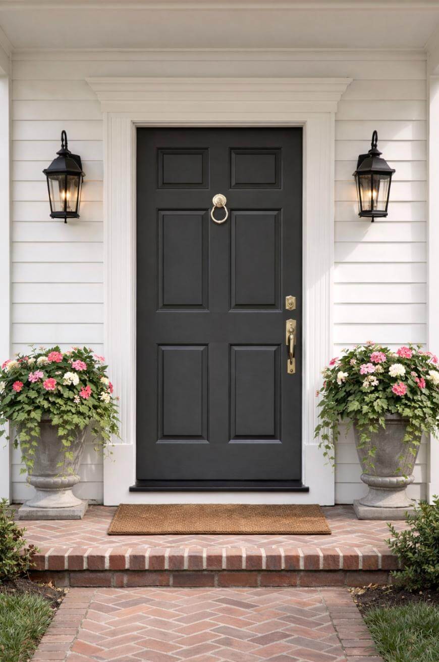 A black front door with a brass knocker and handle is framed by white trim. Two lantern-style wall lamps flank the door, and large planters with pink and white flowers sit on either side of the entryway.
