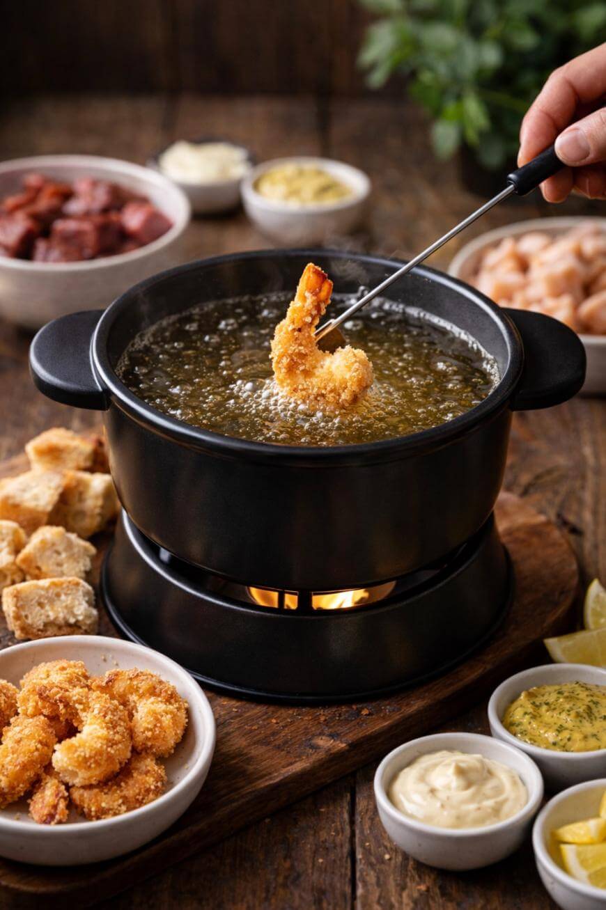 A hand dips a breaded shrimp into hot oil in a black fondue pot, surrounded by bowls of shrimp, bread cubes, meat, sauces, and lemon wedges on a wooden table.