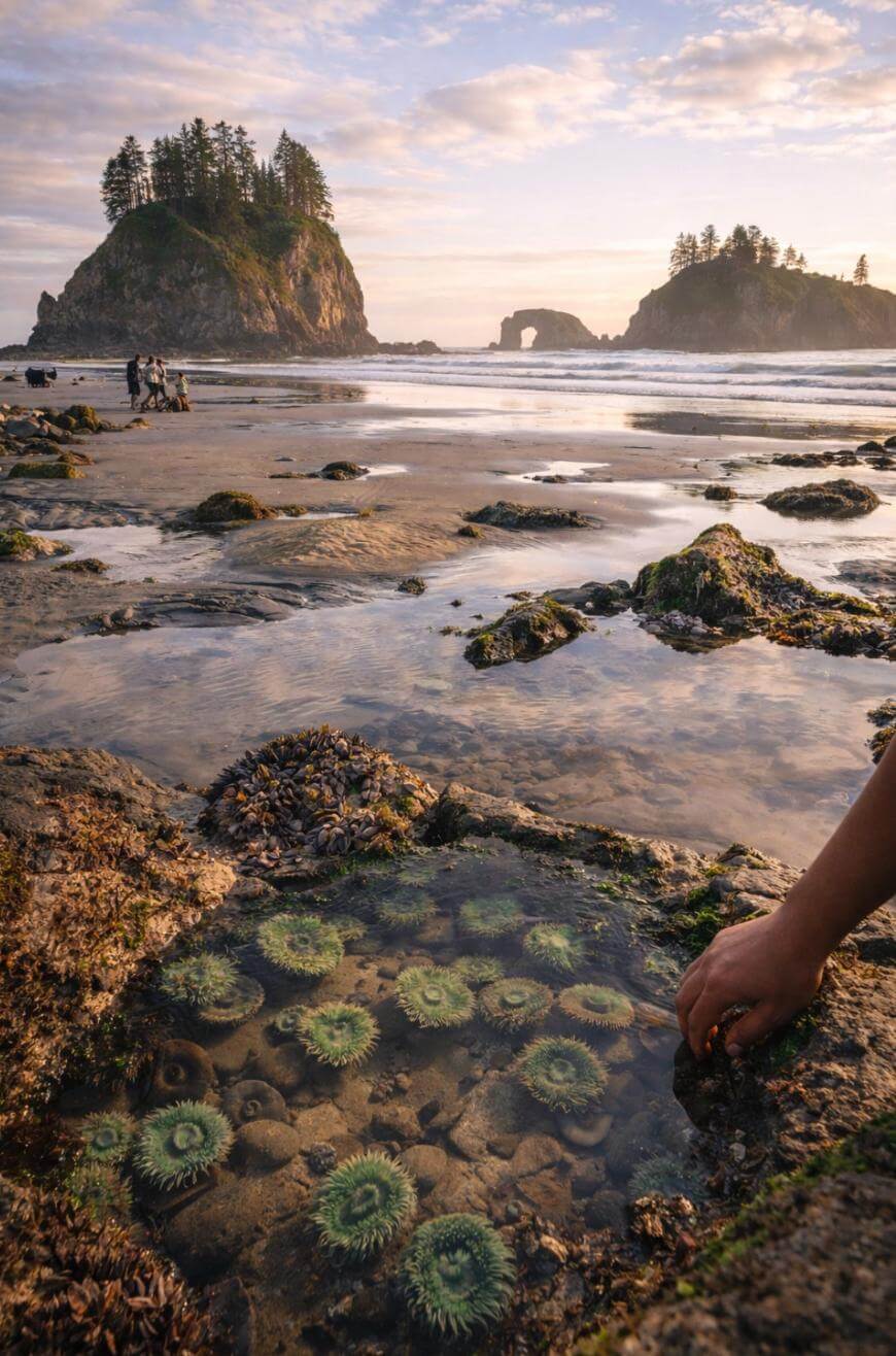 A person’s hand reaches toward a tide pool filled with sea anemones on a rocky beach at sunset; sea stacks, an arch, and people are visible in the background near the ocean.