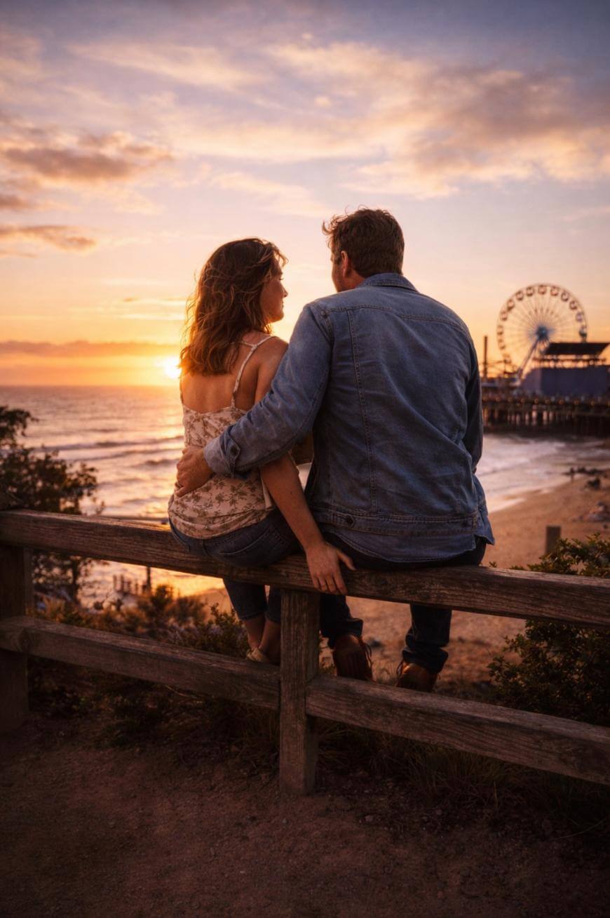A couple sits close together on a wooden fence overlooking a beach at sunset, with an amusement park and ferris wheel in the background. The sky is vibrant with warm orange and pink tones.