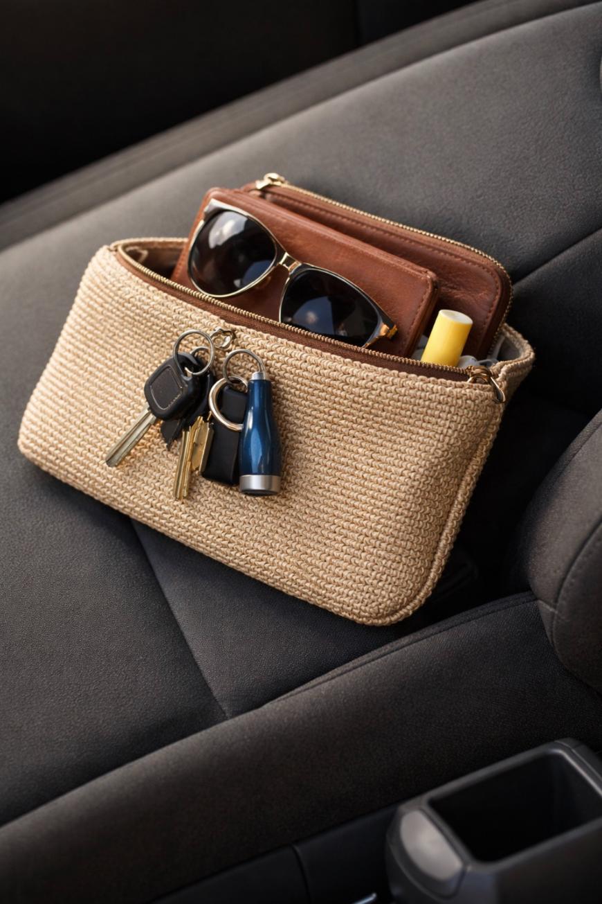 A woven beige purse sits on a car seat, holding a brown wallet, sunglasses, and a lip balm. Several keys and keychains are attached to the purses zipper pull.