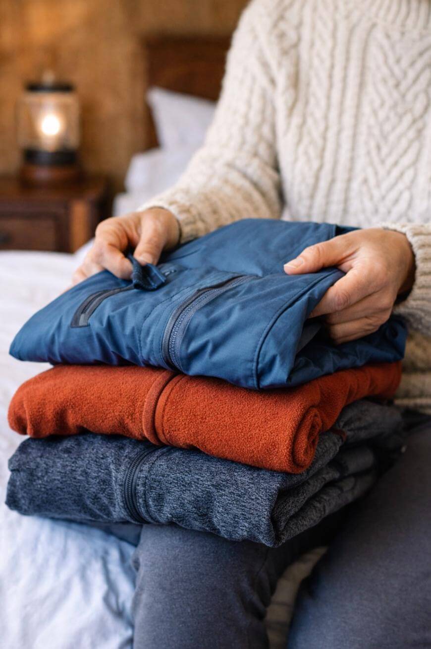 A person in a cream knit sweater sits on a bed, holding a folded blue jacket on top of a stack with an orange and a gray jacket. A lantern is visible on a bedside table in the background.