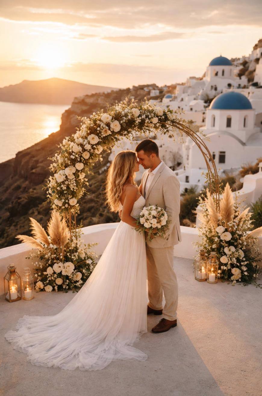 A bride and groom stand close under a floral arch at sunset, overlooking white buildings with blue domes on a coastal cliff, likely in Santorini, Greece. The scene is decorated with lanterns, flowers, and pampas grass.