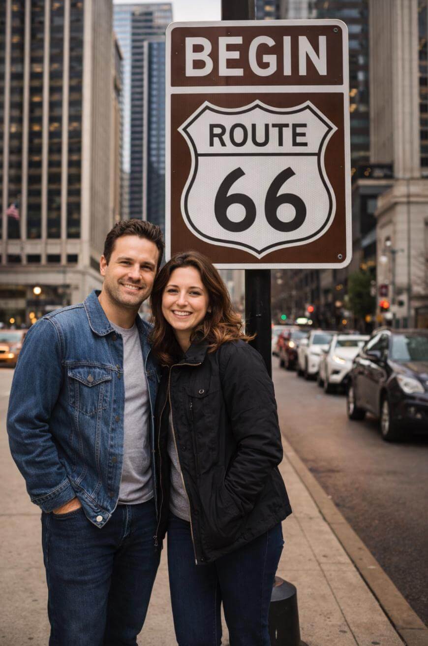 A smiling couple stands close together on a city sidewalk next to a large Begin Route 66 sign, with tall buildings and cars lining the street in the background.