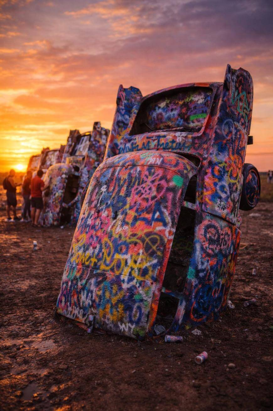 Colorful, graffiti-covered cars half-buried nose-down in the dirt at sunset, with people standing nearby, dramatic sky in the background.