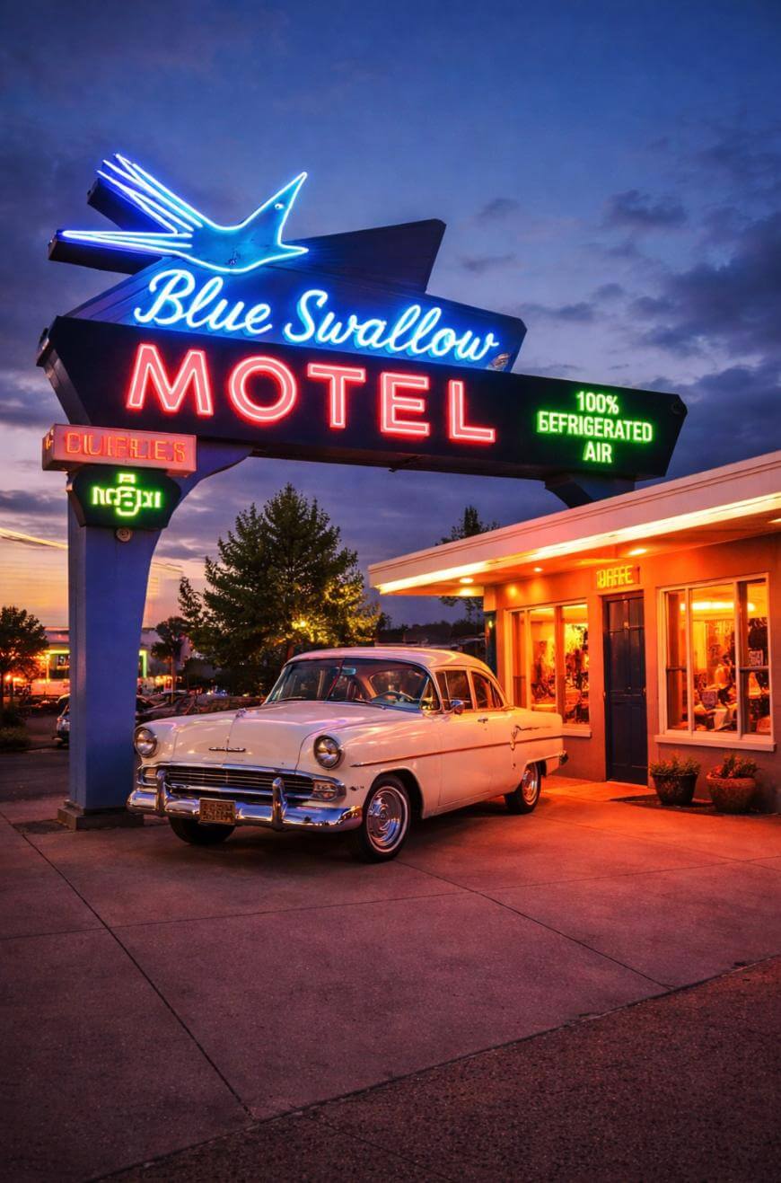 A vintage white car parked outside the brightly lit Blue Swallow Motel, featuring neon signs and a retro aesthetic at dusk. Warm lights glow from the motel windows, evoking a classic Americana feel.