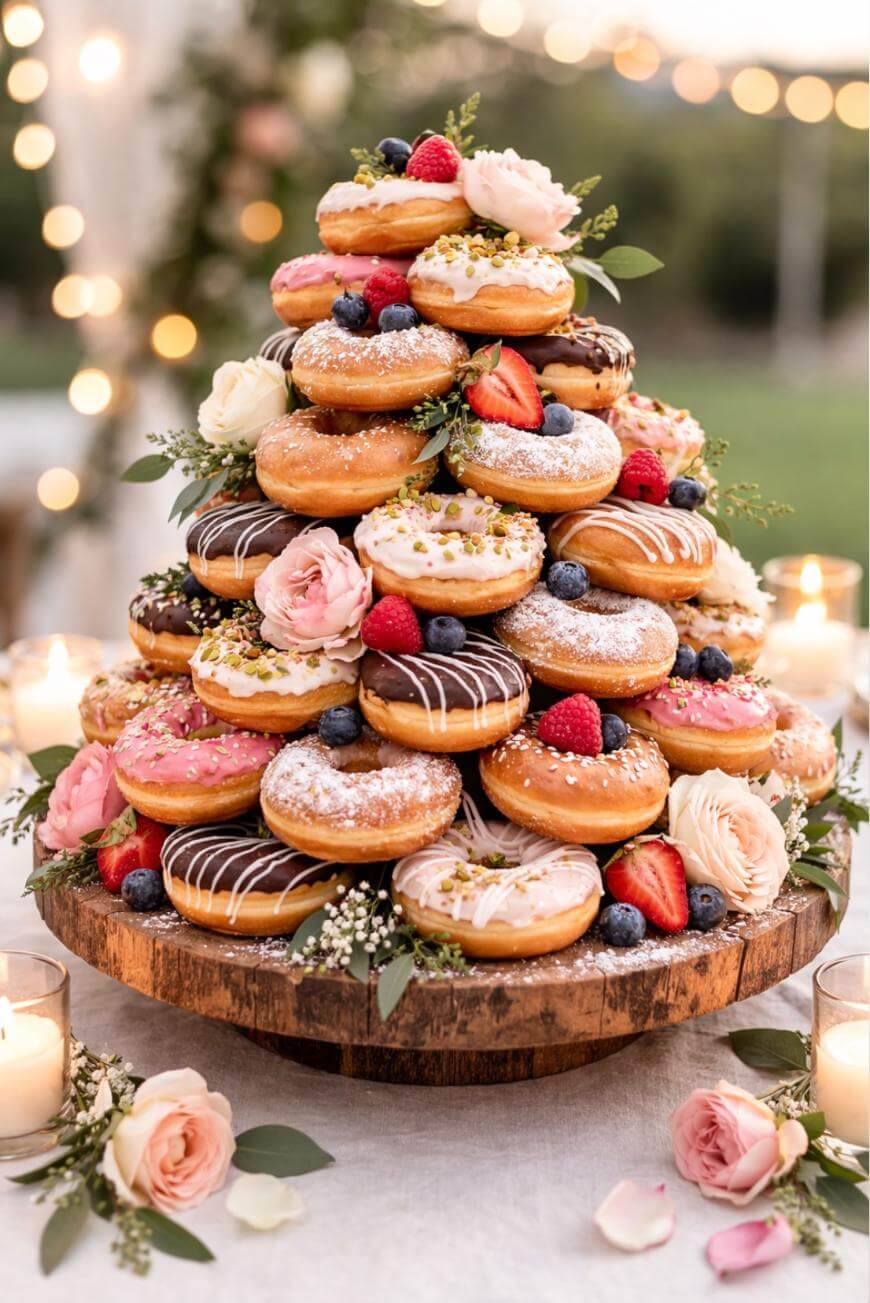 A tiered wooden stand displays assorted donuts decorated with icing, berries, and powdered sugar, surrounded by fresh flowers, greenery, and lit candles, creating an elegant, festive centerpiece outdoors.