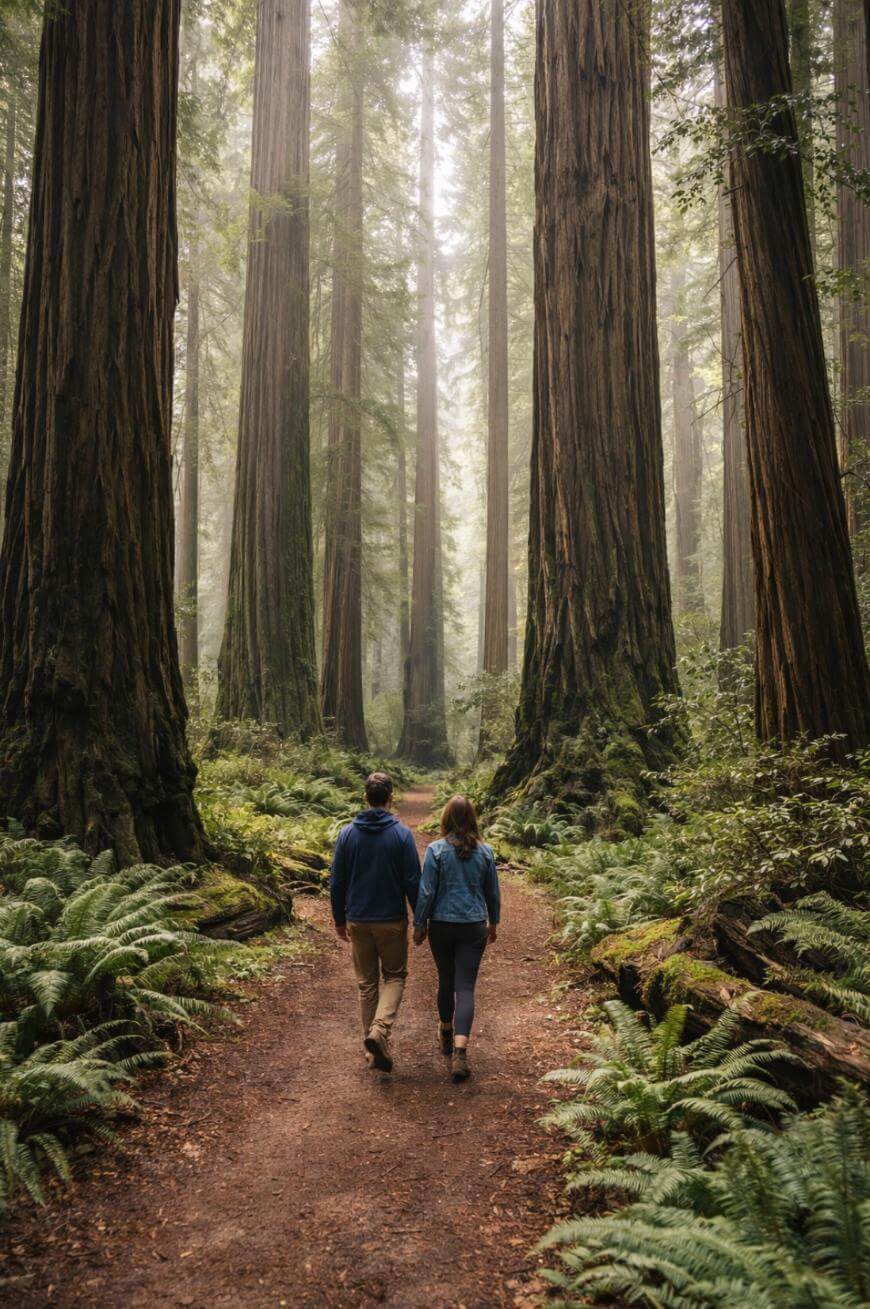 A couple walks hand-in-hand along a dirt path through a dense forest of tall redwood trees, surrounded by ferns and greenery, with soft sunlight filtering through the canopy.