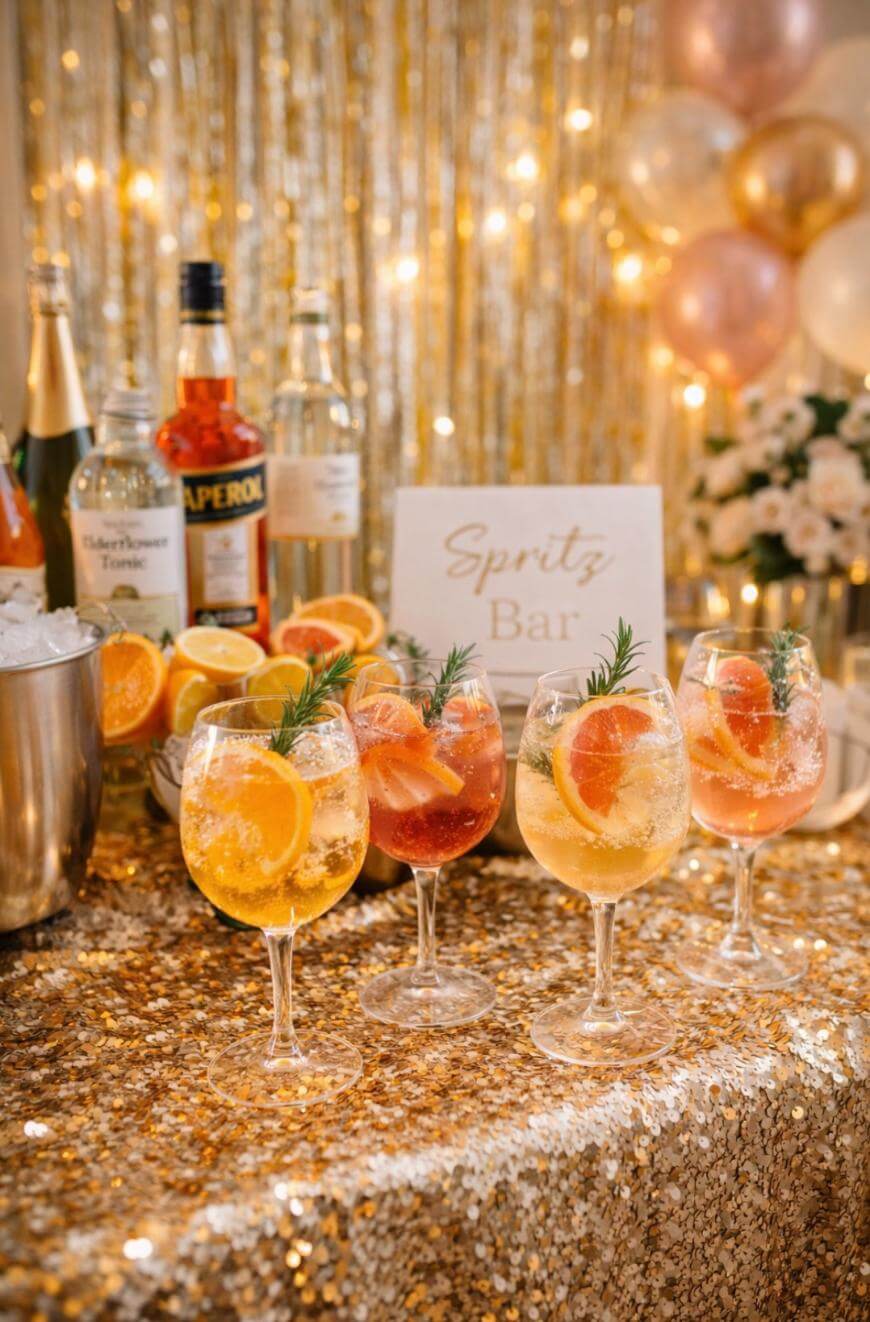 A festive spritz bar setup with sparkling drinks garnished with orange slices and rosemary, surrounded by bottles, ice bucket, and a “Spritz Bar” sign. The background features gold sequins and balloons.