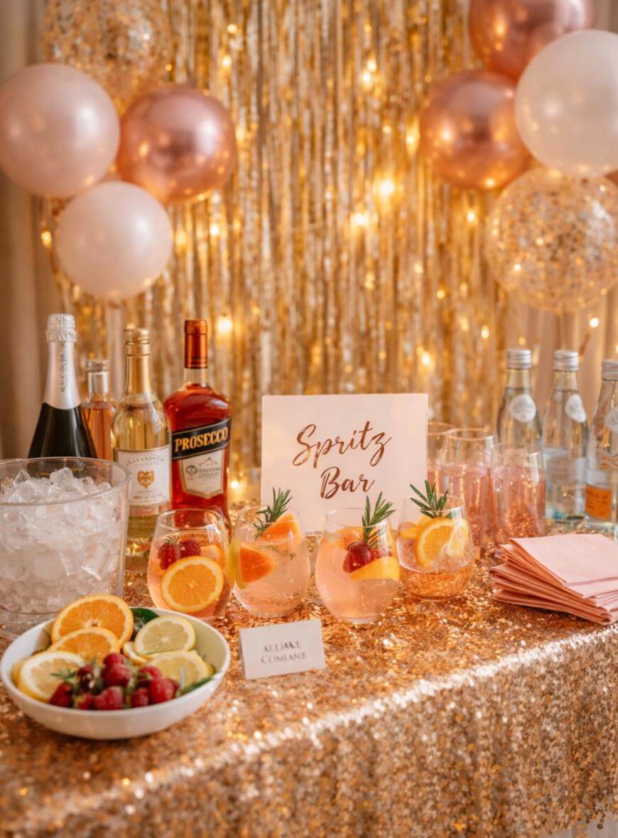 A sparkling party table features a “Spritz Bar” sign, glasses of spritz with fruit garnishes, bottles of prosecco, spirits, mixers, a bowl of sliced citrus and strawberries, ice, and rose gold balloons with metallic streamers in the background.