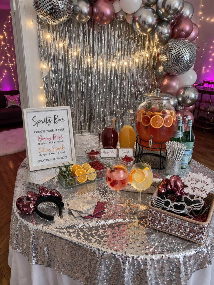 A sparkling spritz bar setup with a sequin-covered table, glittery decor, balloons, disco balls, pitchers of drinks with citrus slices, glasses garnished with fruit, and a sign listing spritz flavors.