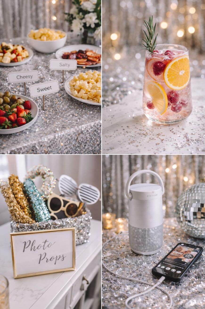 A collage of four party scenes: assorted snack bowls labeled cheesy, salty, and sweet; a festive drink with fruit and rosemary; a tray of photo props; and a speaker playing music beside a disco ball.