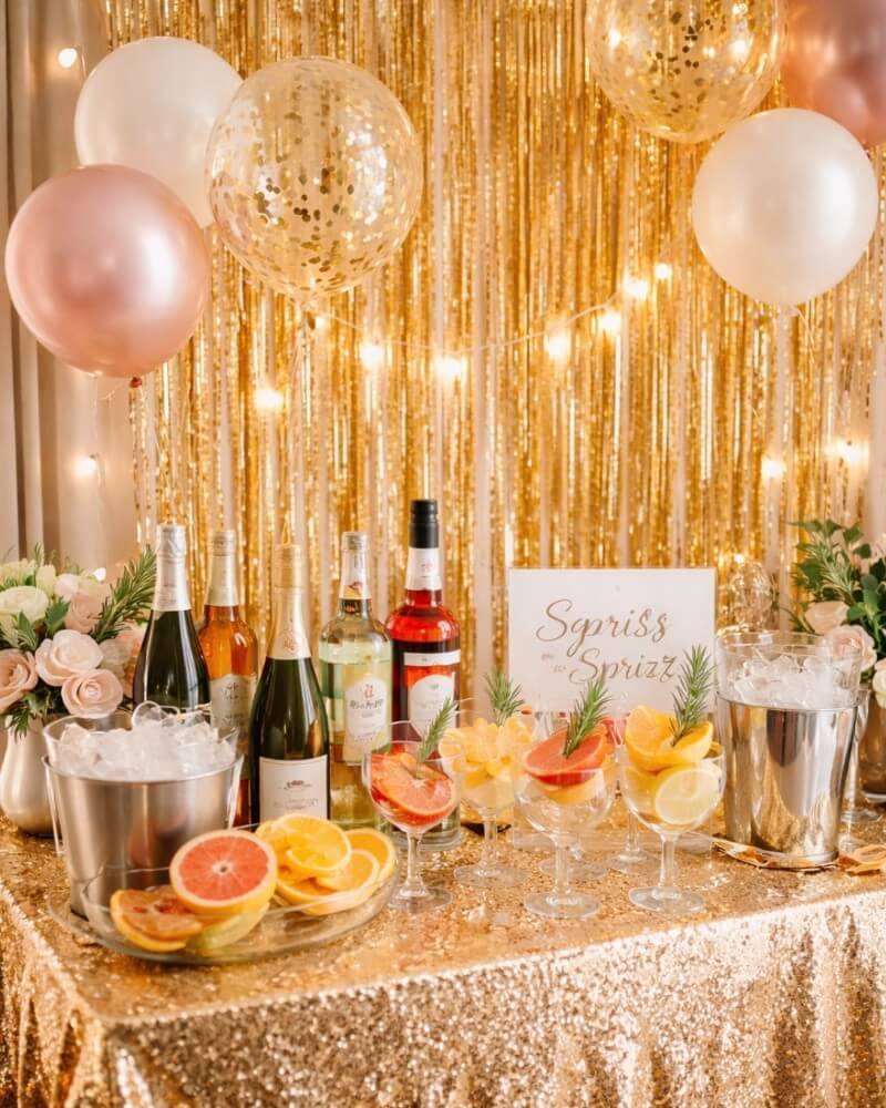 A sparkling party table with bottles of wine, cocktails garnished with fruit, ice buckets, sliced citrus, flowers, and gold, white, and pink balloons, set against a gold tinsel backdrop with string lights.