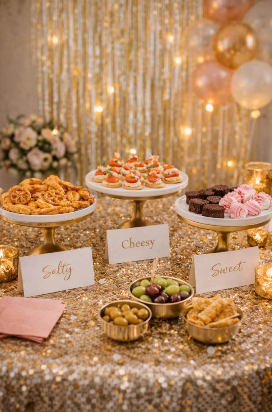 A glittery gold party table displays three trays labeled Salty, Cheesy, and Sweet, holding snacks like pretzels, appetizers, brownies, and meringues, with bowls of olives, candles, and balloons in the background.
