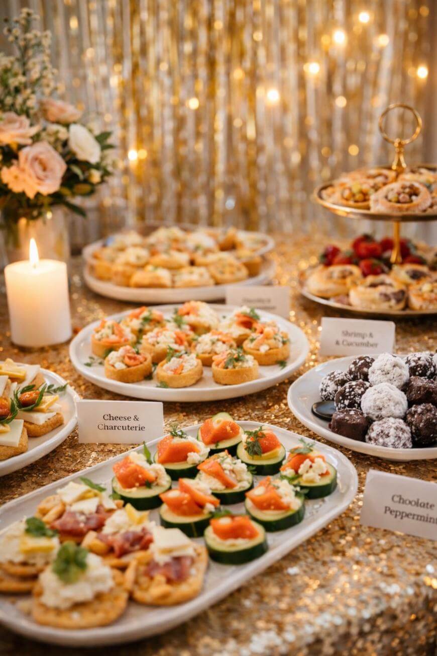 A table set with assorted finger foods, including cheese, charcuterie, shrimp, cucumber bites, and chocolate desserts, decorated with flowers, a lit candle, and a sparkling gold backdrop.