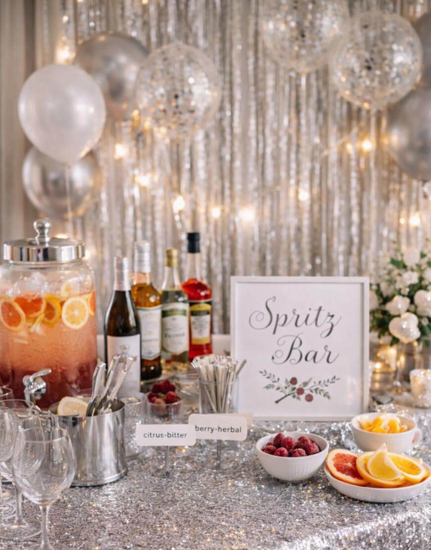 A festive spritz bar setup with bottles of wine and spirits, a large glass drink dispenser with fruit, bowls of sliced citrus, berries, and ice, wine glasses, and a “Spritz Bar” sign on a sparkly silver tablecloth. Silver balloons and tinsel are in the background.